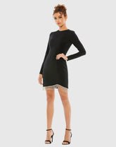 Black Long Sleeve Asymmetrical Beaded Fringe Hem Mini Dress